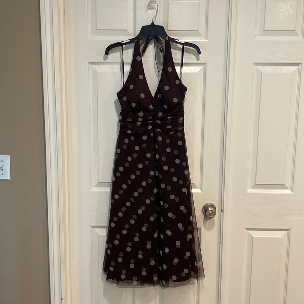 Adorable Backless Brown and White Polka Dotted Party Dress, never worn.